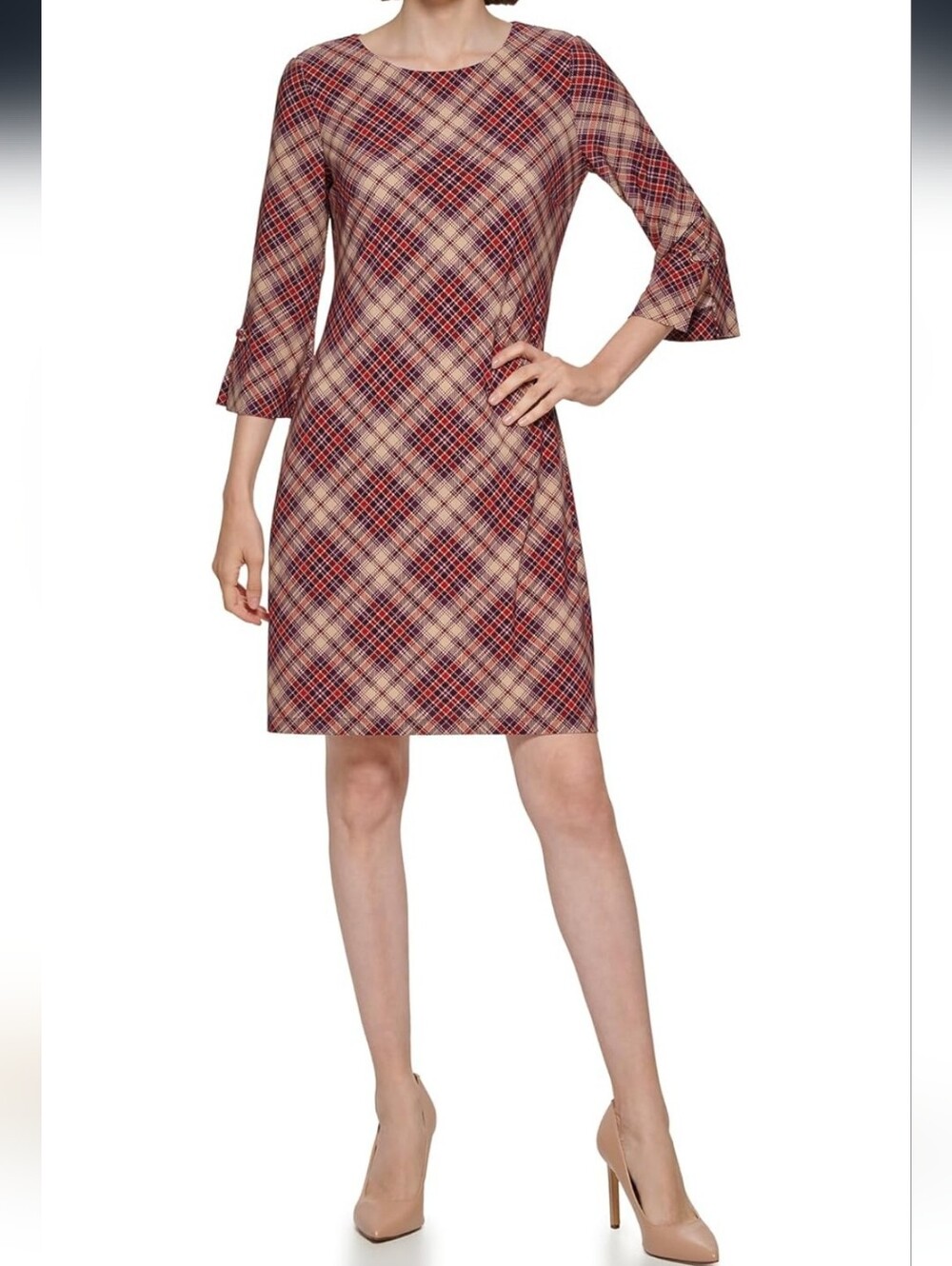 Tommy Hilfiger Women's Plaid Jersey Bell Sleeve Dress Size 2